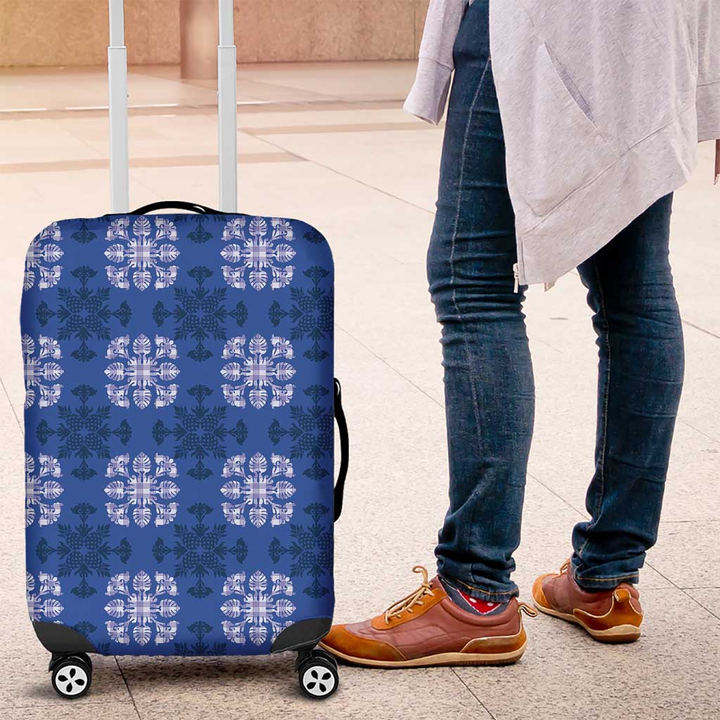 Royal Blue Hawaiian Quilt Luggage Cover Hawaii Pineapple Monstera Palaka Motifs - Polynesian Pride