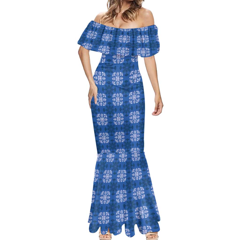 Royal Blue Hawaiian Quilt Mermaid Dress Hawaii Pineapple Monstera Palaka Motifs - Polynesian Pride