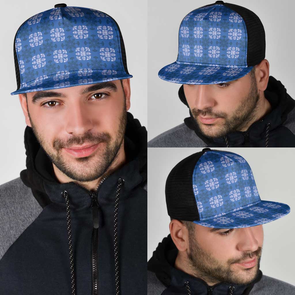 Royal Blue Hawaiian Quilt Mesh Trucker Cap Hawaii Pineapple Monstera Palaka Motifs - Polynesian Pride