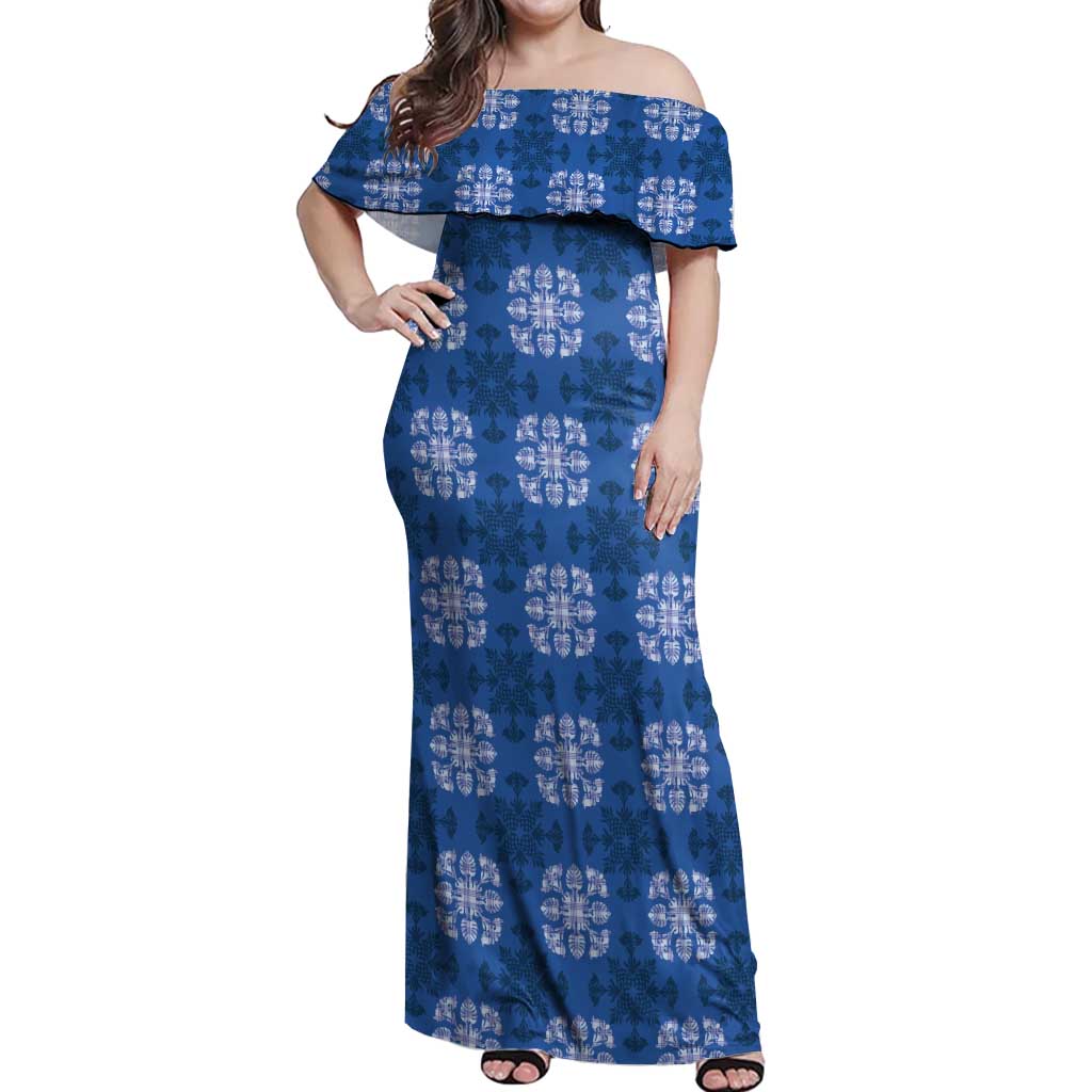 Royal Blue Hawaiian Quilt Off Shoulder Maxi Dress Hawaii Pineapple Monstera Palaka Motifs - Polynesian Pride