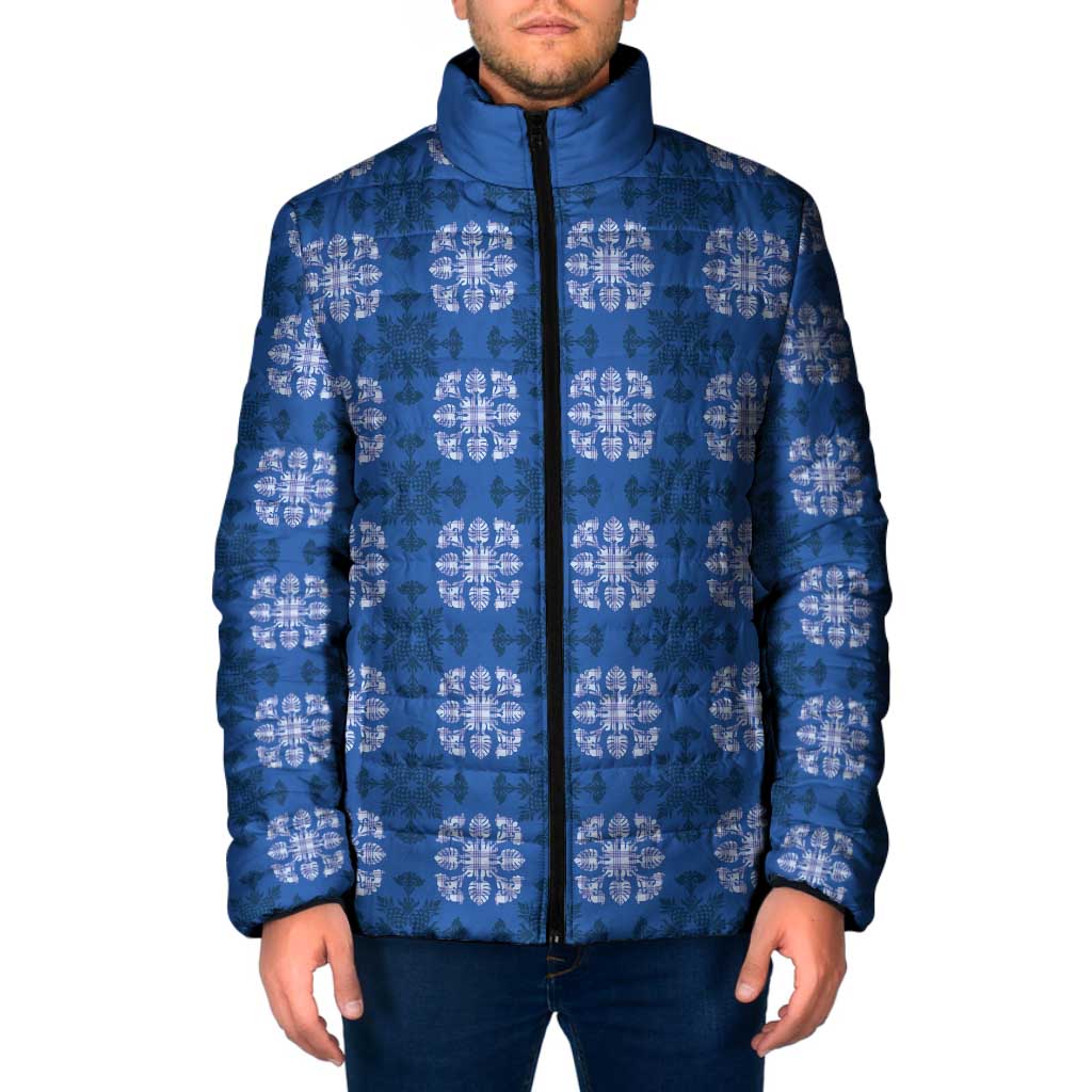 Royal Blue Hawaiian Quilt Padded Jacket Hawaii Pineapple Monstera Palaka Motifs - Polynesian Pride
