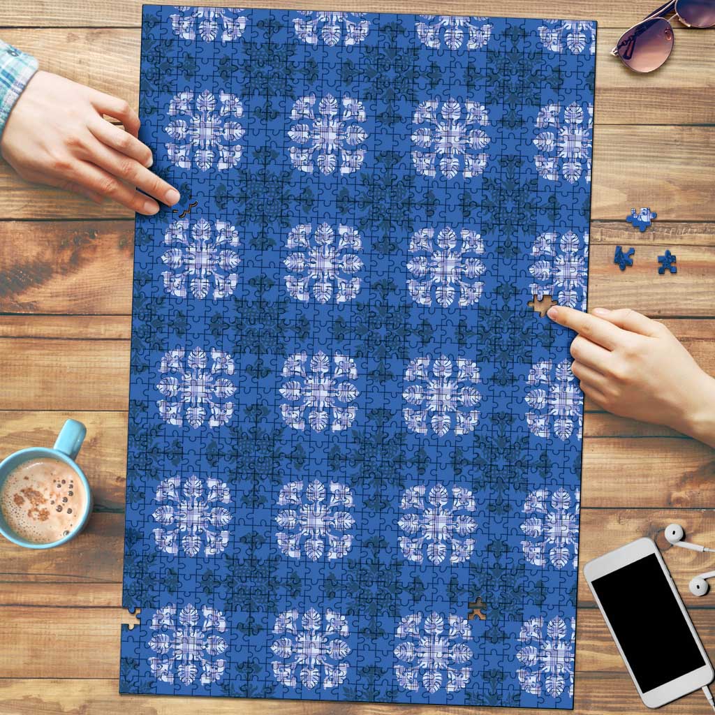 Royal Blue Hawaiian Quilt Puzzle Hawaii Pineapple Monstera Palaka Motifs LT14 Royal Blue - Polynesian Pride