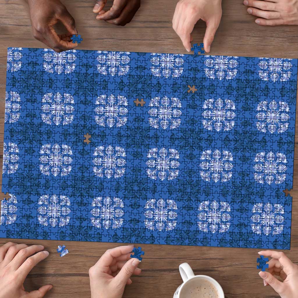 Royal Blue Hawaiian Quilt Puzzle Hawaii Pineapple Monstera Palaka Motifs LT14 - Polynesian Pride