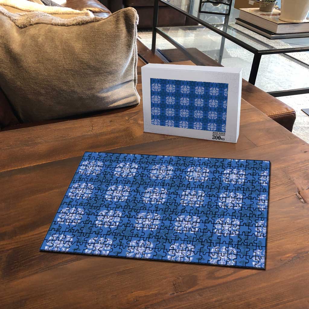 Royal Blue Hawaiian Quilt Puzzle Hawaii Pineapple Monstera Palaka Motifs LT14 - Polynesian Pride