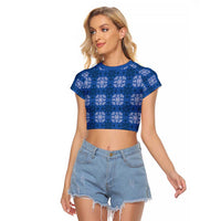 Royal Blue Hawaiian Quilt Raglan Cropped T Shirt Hawaii Pineapple Monstera Palaka Motifs - Polynesian Pride