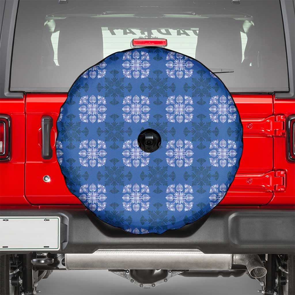 Royal Blue Hawaiian Quilt Spare Tire Cover Hawaii Pineapple Monstera Palaka Motifs - Polynesian Pride