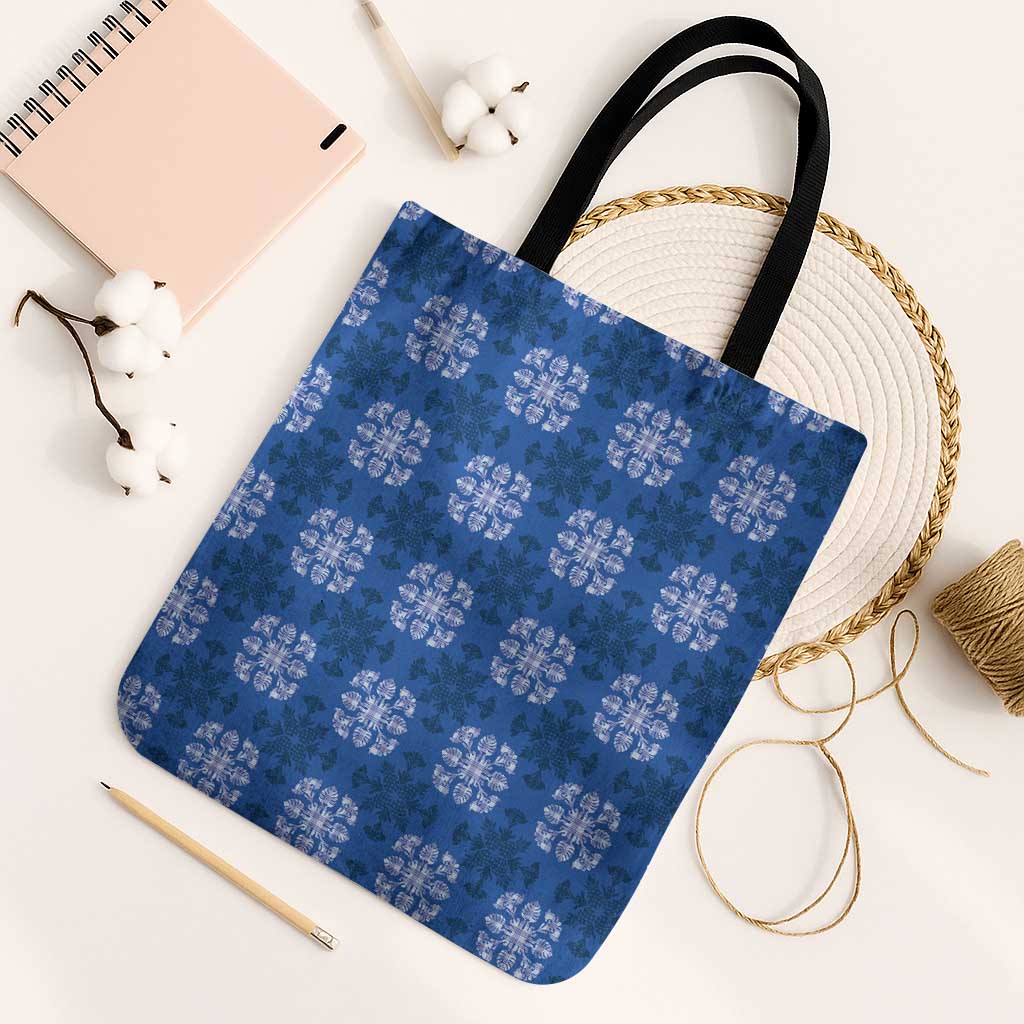 Royal Blue Hawaiian Quilt Tote Bag Hawaii Pineapple Monstera Palaka Motifs - Polynesian Pride