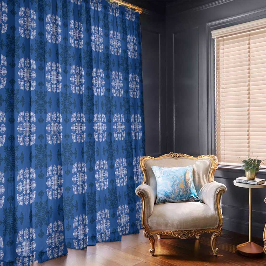 Royal Blue Hawaiian Quilt Window Curtain Hawaii Pineapple Monstera Palaka Motifs - Polynesian Pride