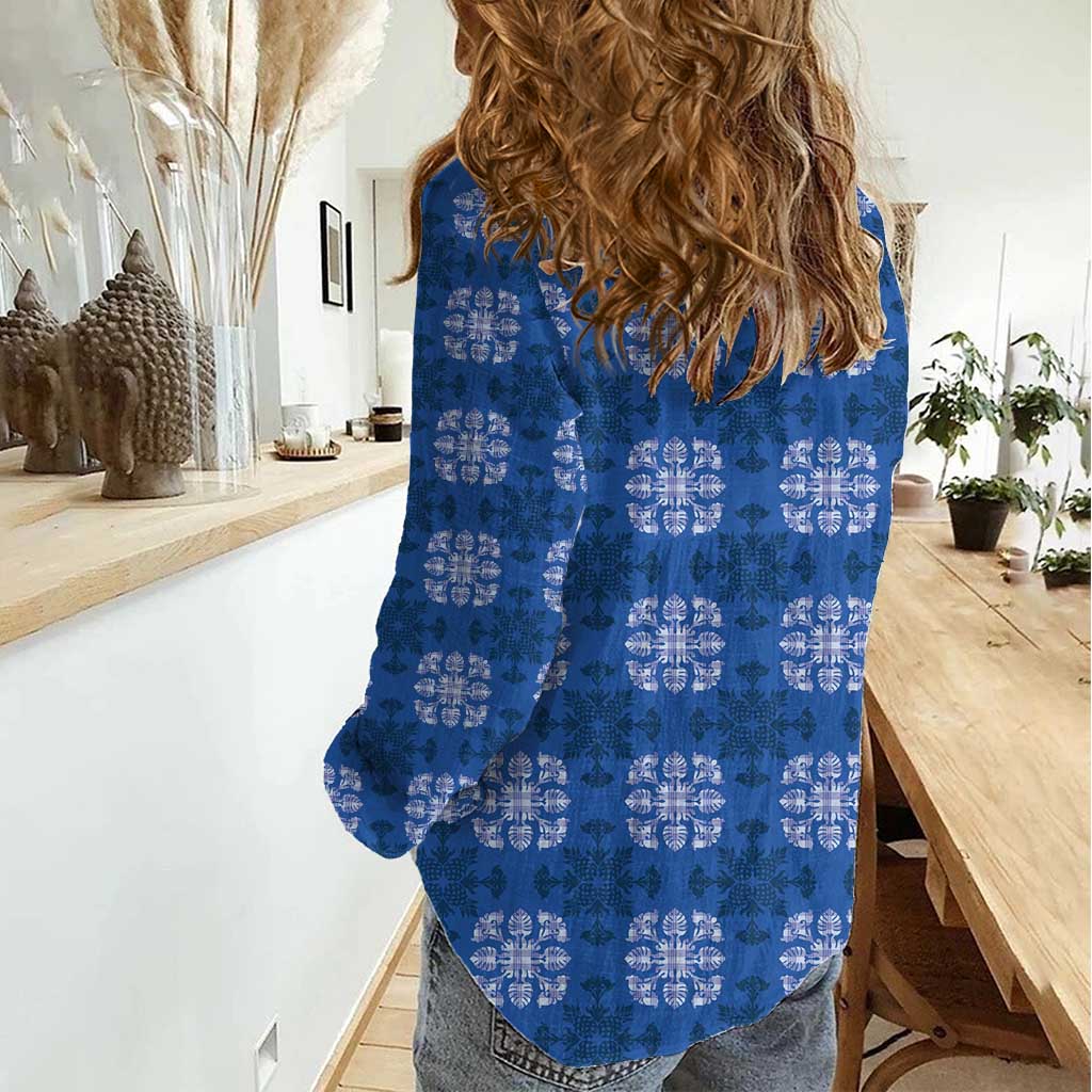Royal Blue Hawaiian Quilt Women Casual Shirt Hawaii Pineapple Monstera Palaka Motifs - Polynesian Pride