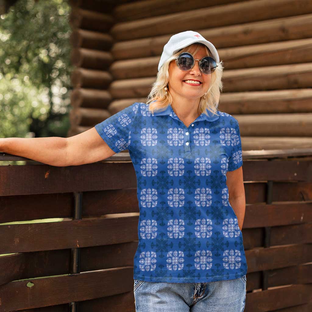 Royal Blue Hawaiian Quilt Women Polo Shirt Hawaii Pineapple Monstera Palaka Motifs - Polynesian Pride