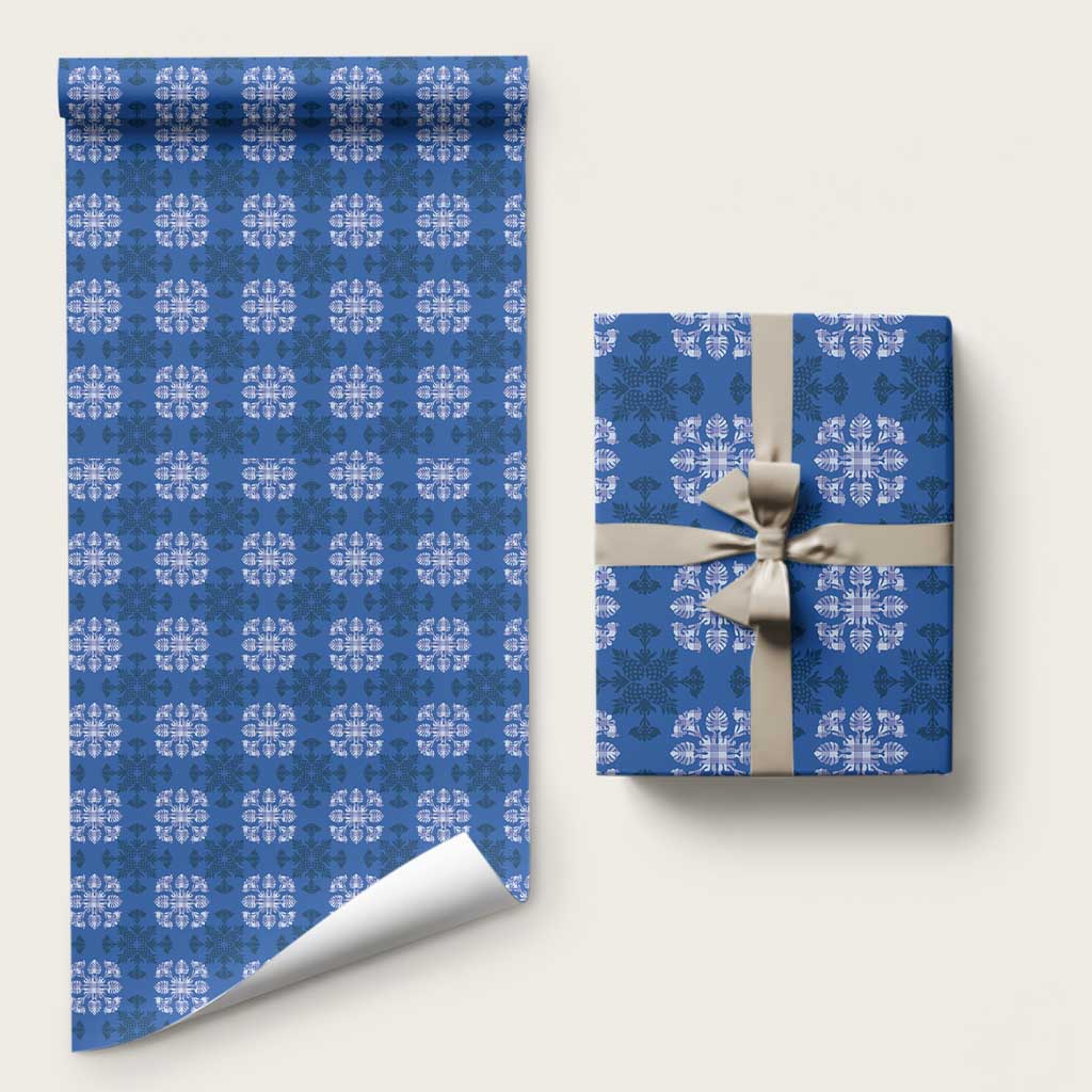 Royal Blue Hawaiian Quilt Wrapping Paper Hawaii Pineapple Monstera Palaka Motifs - Polynesian Pride