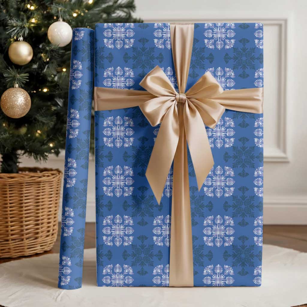 Royal Blue Hawaiian Quilt Wrapping Paper Hawaii Pineapple Monstera Palaka Motifs - Polynesian Pride