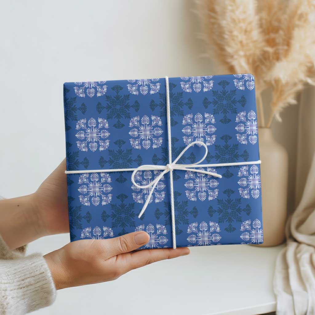 Royal Blue Hawaiian Quilt Wrapping Paper Hawaii Pineapple Monstera Palaka Motifs - Polynesian Pride