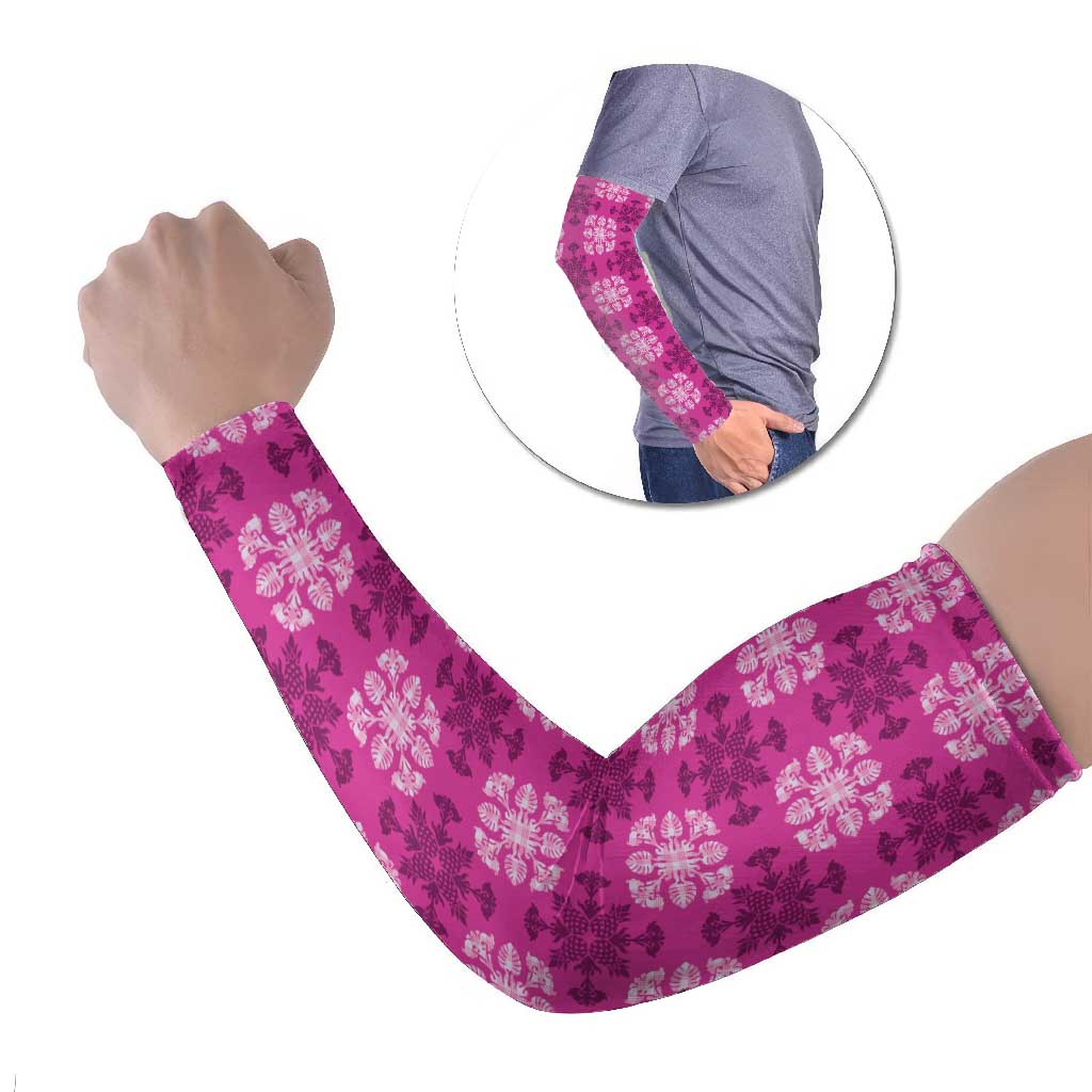 Pink Hawaiian Quilt Arm Sleeves Hawaii Pineapple Monstera Palaka Motifs - Polynesian Pride
