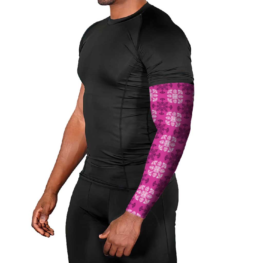 Pink Hawaiian Quilt Arm Sleeves Hawaii Pineapple Monstera Palaka Motifs - Polynesian Pride