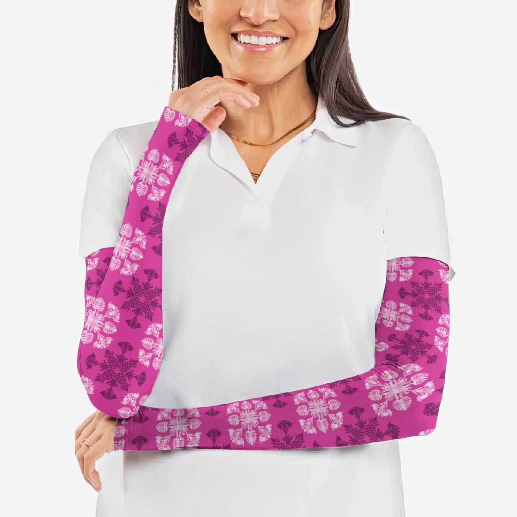 Pink Hawaiian Quilt Arm Sleeves Hawaii Pineapple Monstera Palaka Motifs - Polynesian Pride