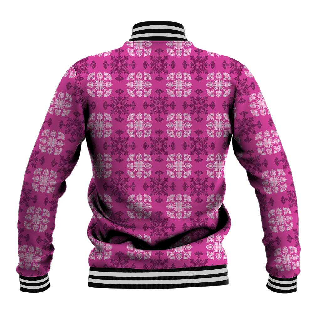 Pink Hawaiian Quilt Baseball Jacket Hawaii Pineapple Monstera Palaka Motifs - Polynesian Pride