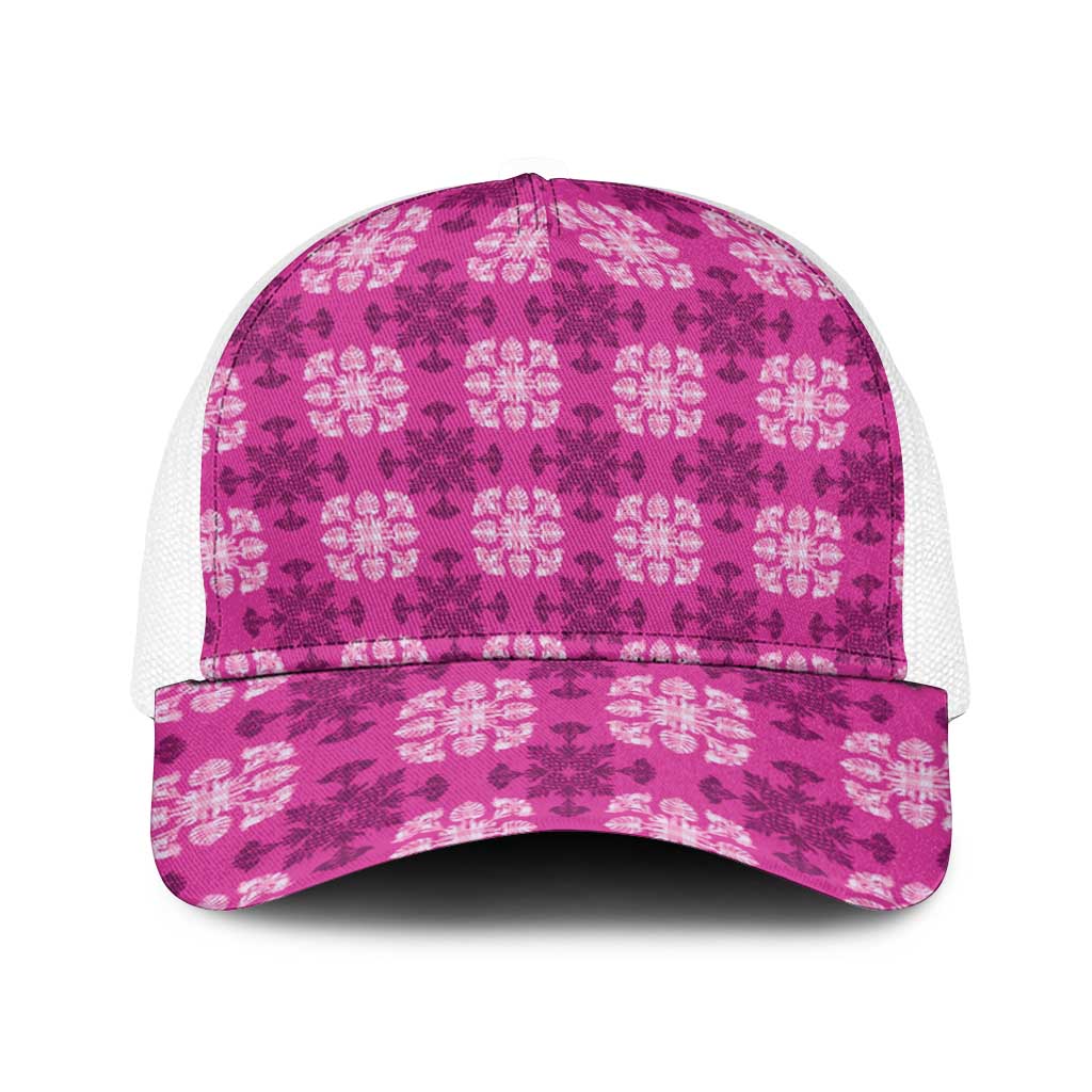 Pink Hawaiian Quilt Baseball Net Cap Hawaii Pineapple Monstera Palaka Motifs - Polynesian Pride