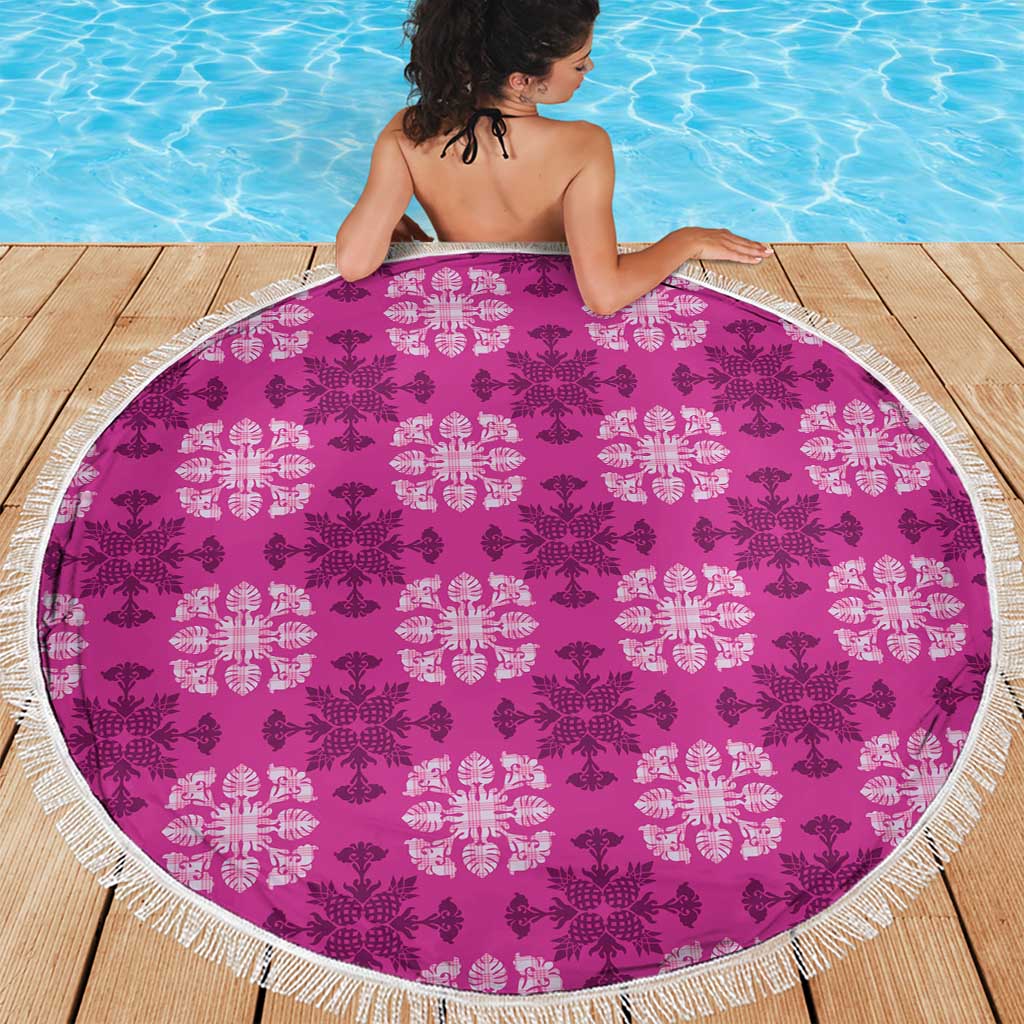 Pink Hawaiian Quilt Beach Blanket Hawaii Pineapple Monstera Palaka Motifs - Polynesian Pride