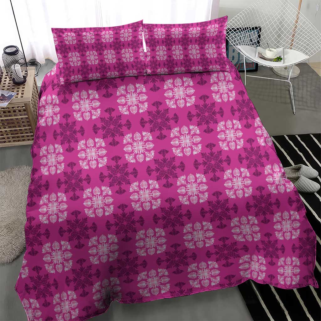 Pink Hawaiian Quilt Bedding Set Hawaii Pineapple Monstera Palaka Motifs - Polynesian Pride