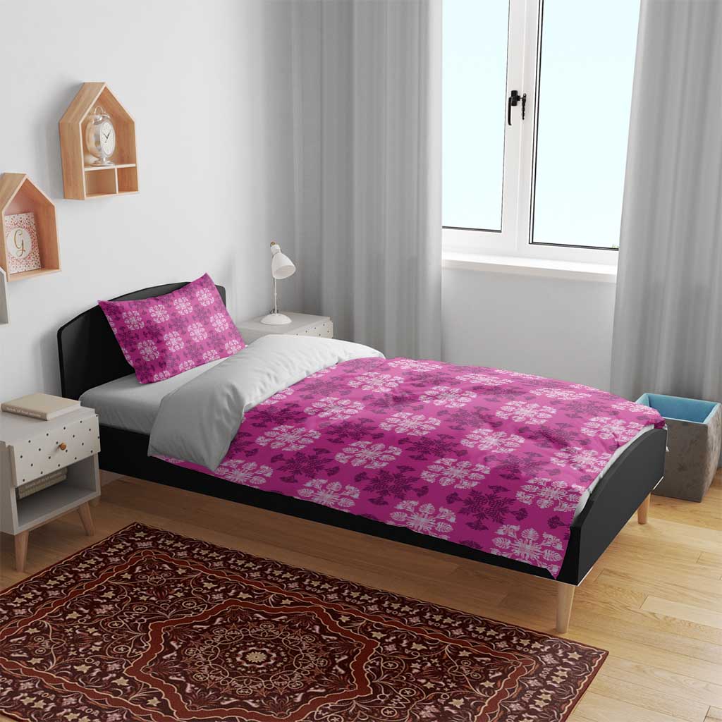Pink Hawaiian Quilt Bedding Set Hawaii Pineapple Monstera Palaka Motifs - Polynesian Pride