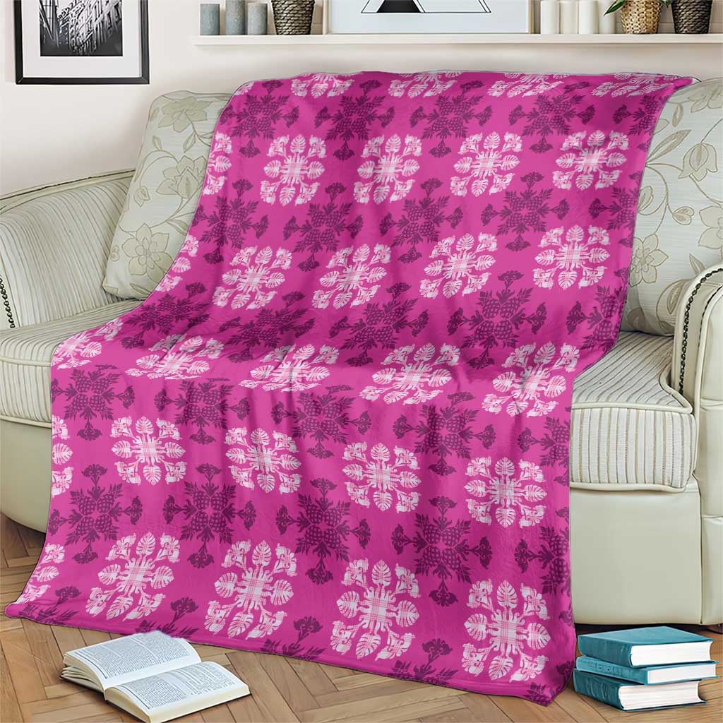 Pink Hawaiian Quilt Blanket Hawaii Pineapple Monstera Palaka Motifs - Polynesian Pride