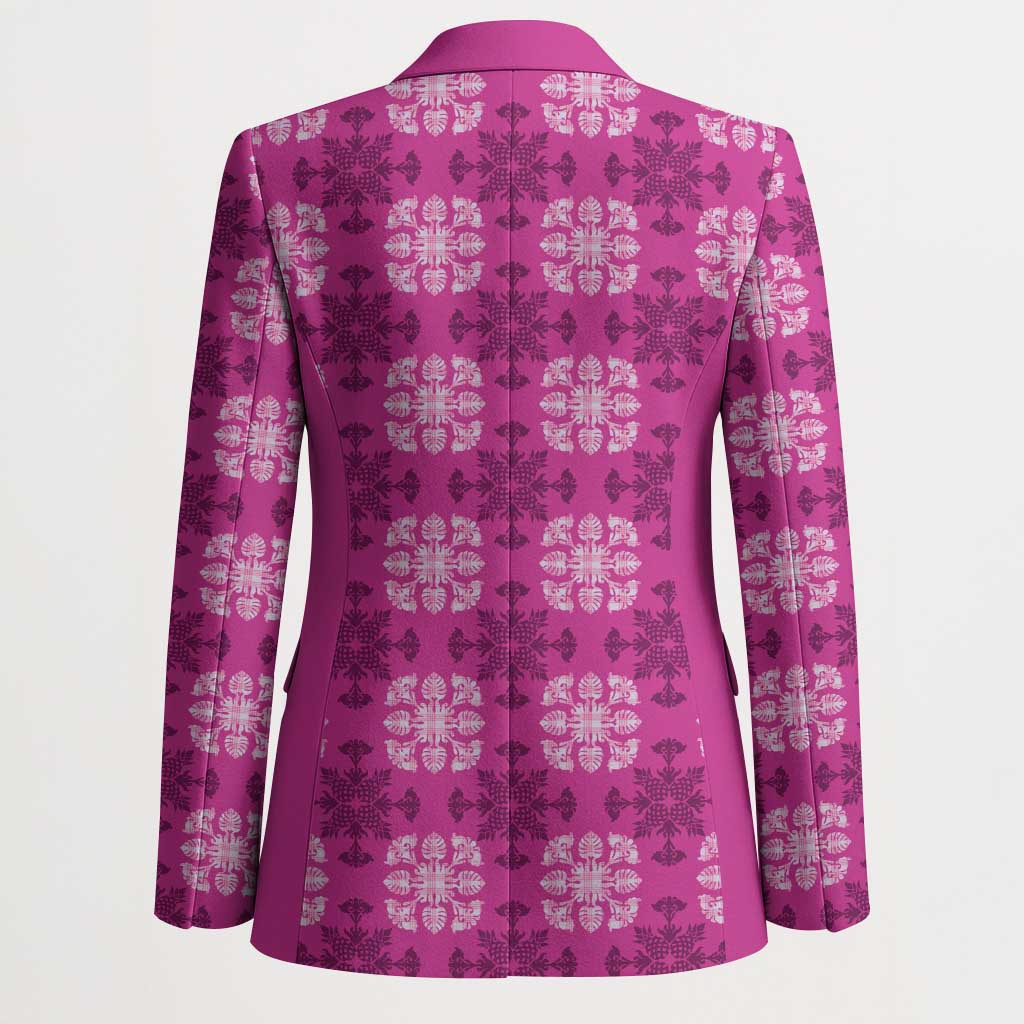 Pink Hawaiian Quilt Blazer Hawaii Pineapple Monstera Palaka Motifs - Polynesian Pride