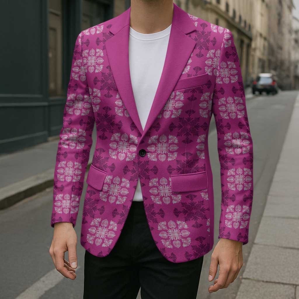 Pink Hawaiian Quilt Blazer Hawaii Pineapple Monstera Palaka Motifs - Polynesian Pride
