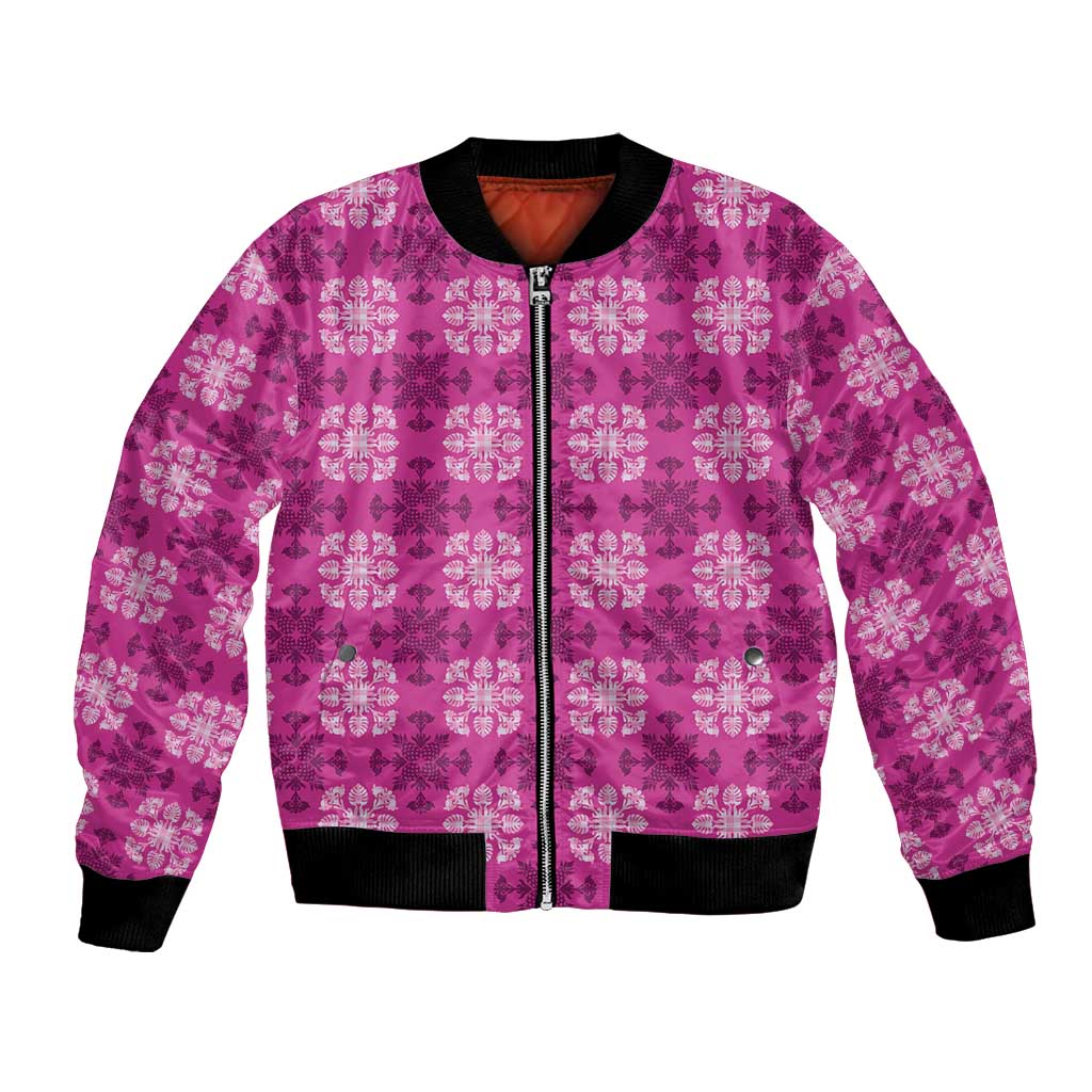 Pink Hawaiian Quilt Bomber Jacket Hawaii Pineapple Monstera Palaka Motifs - Polynesian Pride