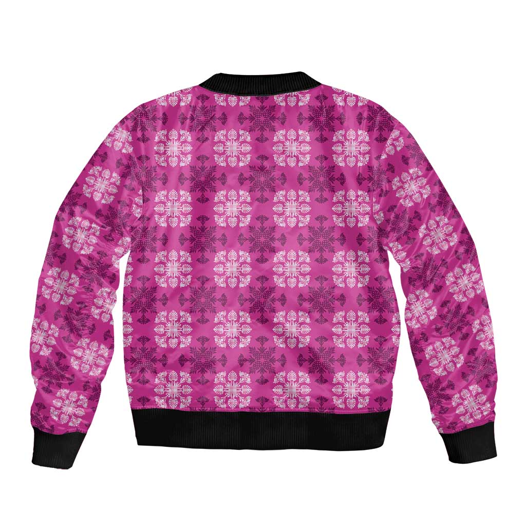 Pink Hawaiian Quilt Bomber Jacket Hawaii Pineapple Monstera Palaka Motifs - Polynesian Pride