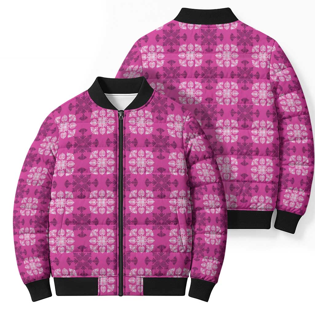 Pink Hawaiian Quilt Bomber Puffer Jacket Hawaii Pineapple Monstera Palaka Motifs - Polynesian Pride