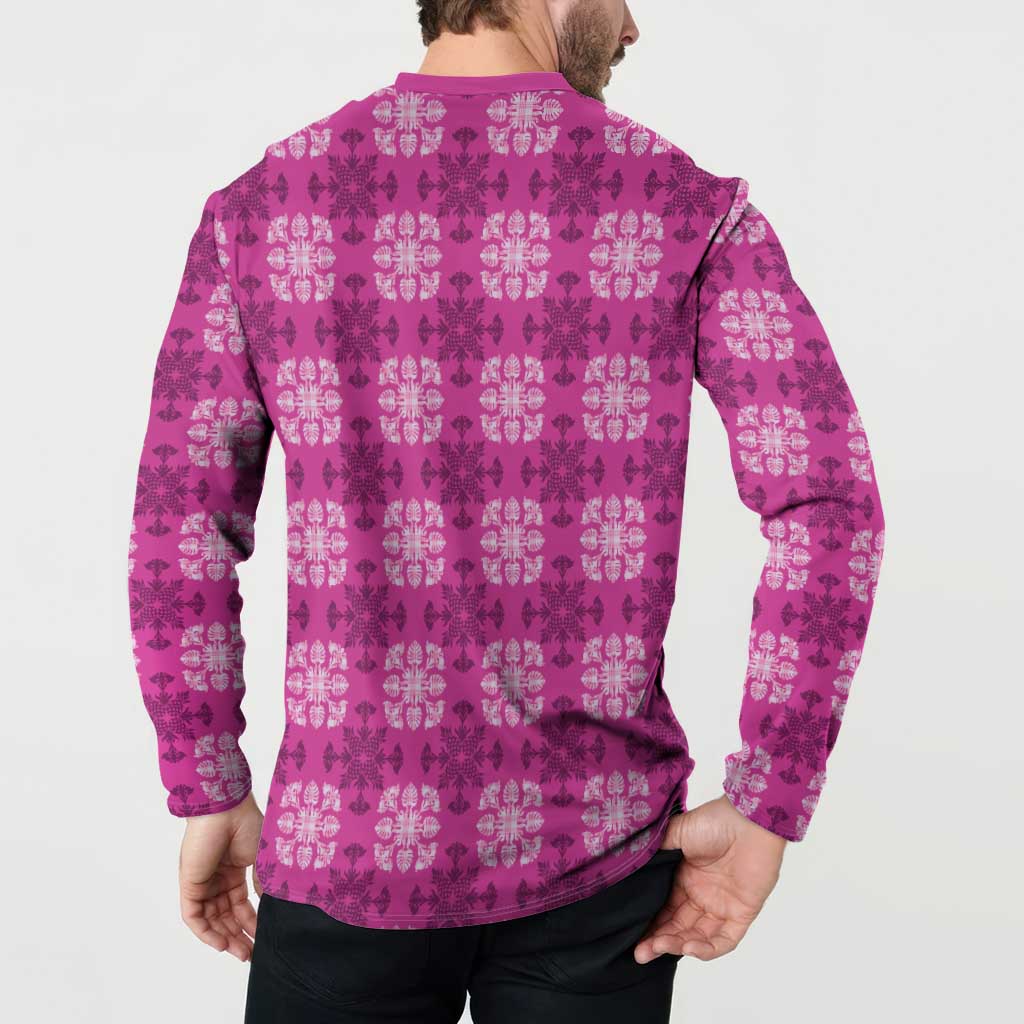 Pink Hawaiian Quilt Button Sweatshirt Hawaii Pineapple Monstera Palaka Motifs - Polynesian Pride