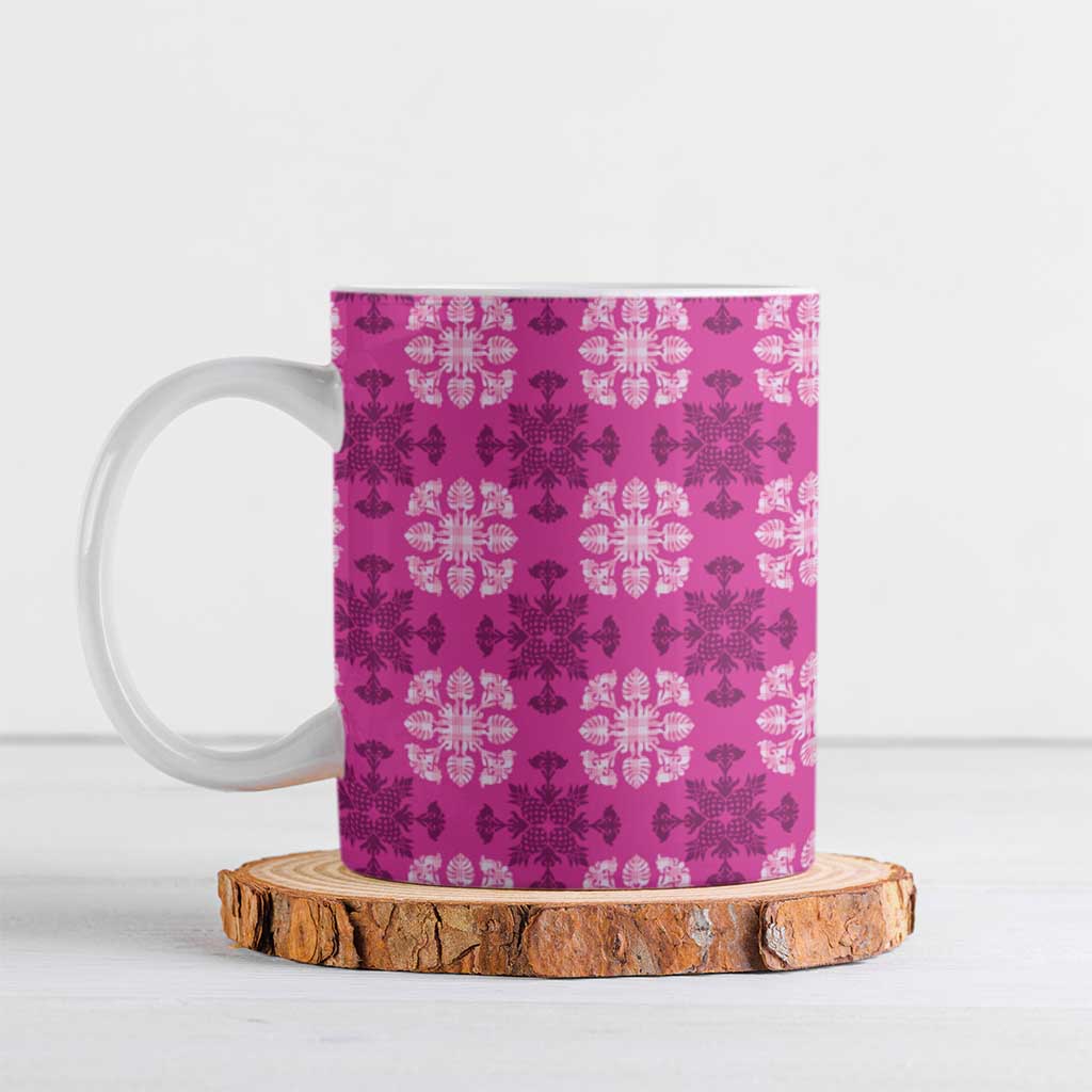 Pink Hawaiian Quilt Ceramic Mug Hawaii Pineapple Monstera Palaka Motifs - Polynesian Pride