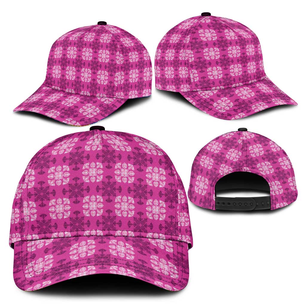 Pink Hawaiian Quilt Classic Cap Hawaii Pineapple Monstera Palaka Motifs - Polynesian Pride