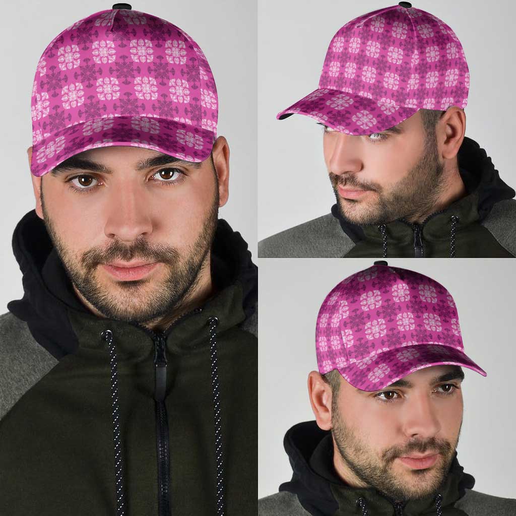 Pink Hawaiian Quilt Classic Cap Hawaii Pineapple Monstera Palaka Motifs - Polynesian Pride