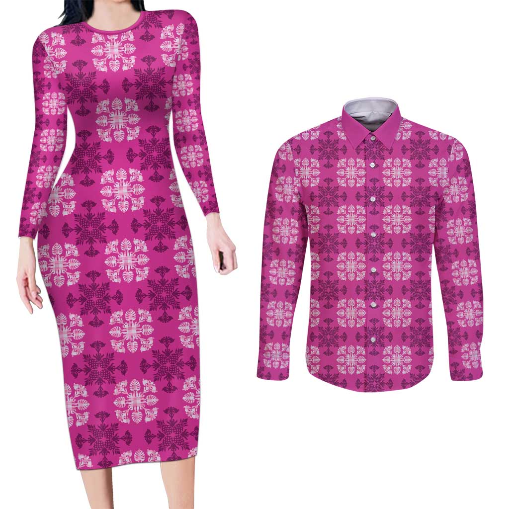 Pink Hawaiian Quilt Couples Matching Long Sleeve Bodycon Dress and Long Sleeve Button Shirt Hawaii Pineapple Monstera Palaka Motifs - Polynesian Pride