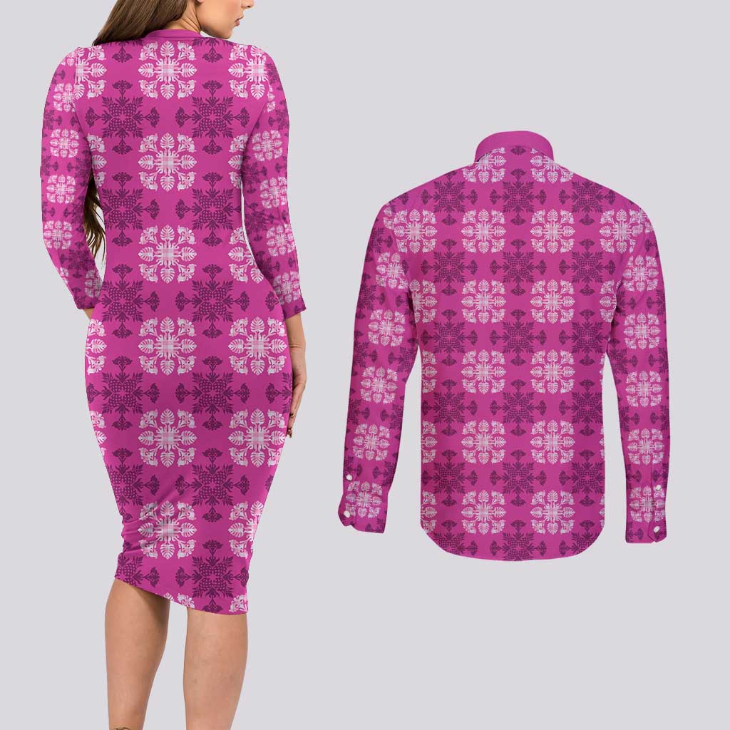 Pink Hawaiian Quilt Couples Matching Long Sleeve Bodycon Dress and Long Sleeve Button Shirt Hawaii Pineapple Monstera Palaka Motifs LT14 - Polynesian Pride