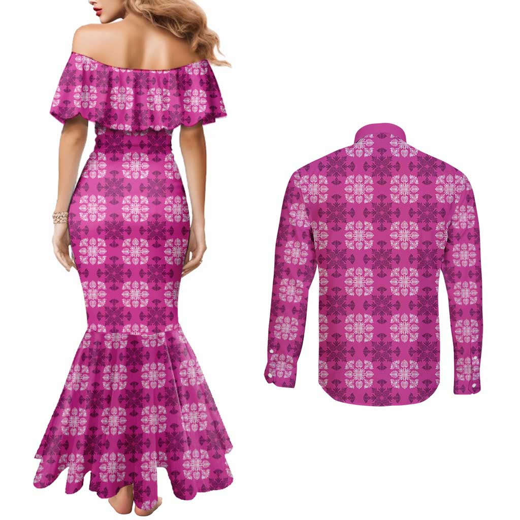 Pink Hawaiian Quilt Couples Matching Mermaid Dress and Long Sleeve Button Shirt Hawaii Pineapple Monstera Palaka Motifs - Polynesian Pride