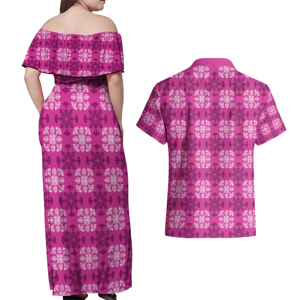Pink Hawaiian Quilt Couples Matching Off Shoulder Maxi Dress and Hawaiian Shirt Hawaii Pineapple Monstera Palaka Motifs LT14 - Polynesian Pride