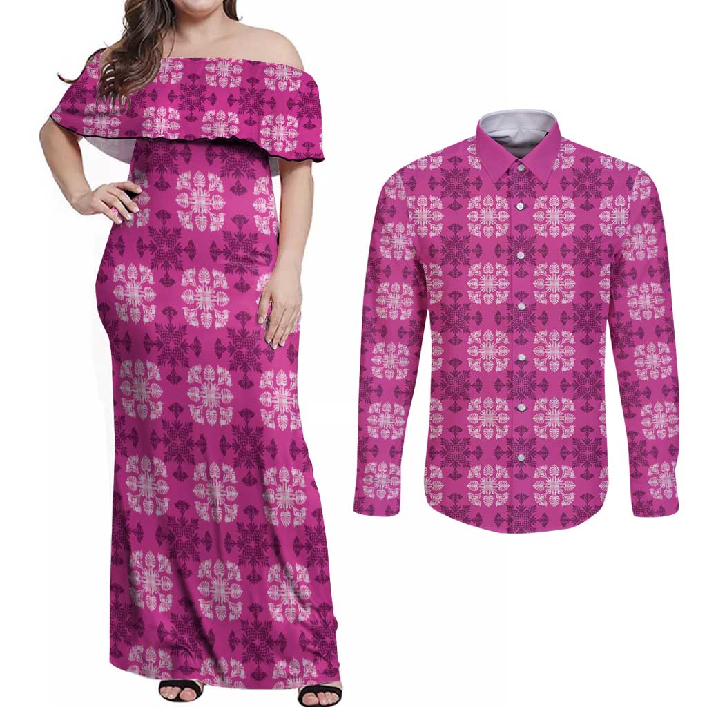 Pink Hawaiian Quilt Couples Matching Off Shoulder Maxi Dress and Long Sleeve Button Shirt Hawaii Pineapple Monstera Palaka Motifs - Polynesian Pride