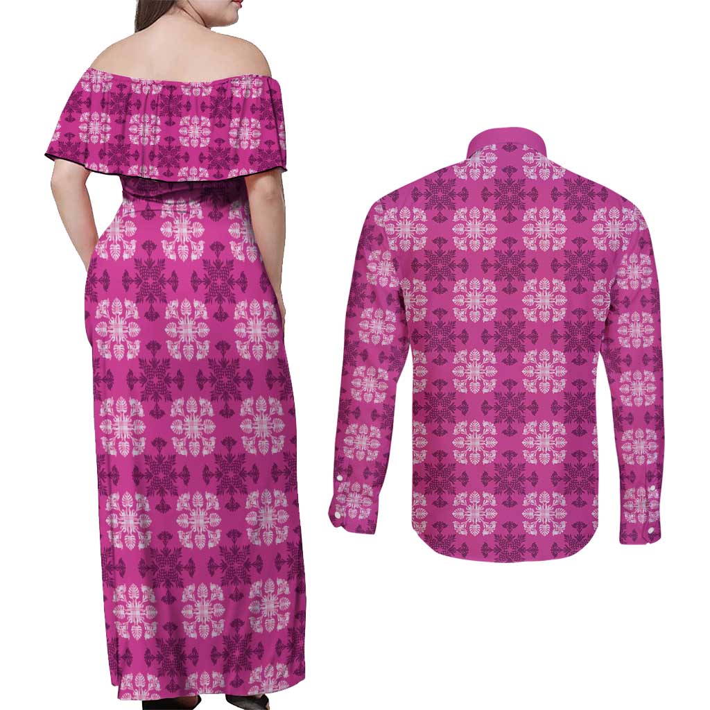 Pink Hawaiian Quilt Couples Matching Off Shoulder Maxi Dress and Long Sleeve Button Shirt Hawaii Pineapple Monstera Palaka Motifs - Polynesian Pride