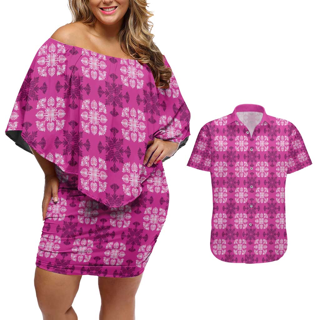 Pink Hawaiian Quilt Couples Matching Off Shoulder Short Dress and Hawaiian Shirt Hawaii Pineapple Monstera Palaka Motifs LT14 Pink - Polynesian Pride