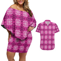 Pink Hawaiian Quilt Couples Matching Off Shoulder Short Dress and Hawaiian Shirt Hawaii Pineapple Monstera Palaka Motifs LT14 Pink - Polynesian Pride