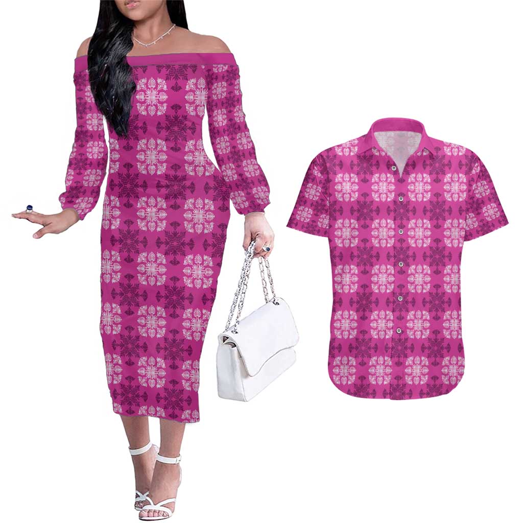 Pink Hawaiian Quilt Couples Matching Off The Shoulder Long Sleeve Dress and Hawaiian Shirt Hawaii Pineapple Monstera Palaka Motifs LT14 Pink - Polynesian Pride