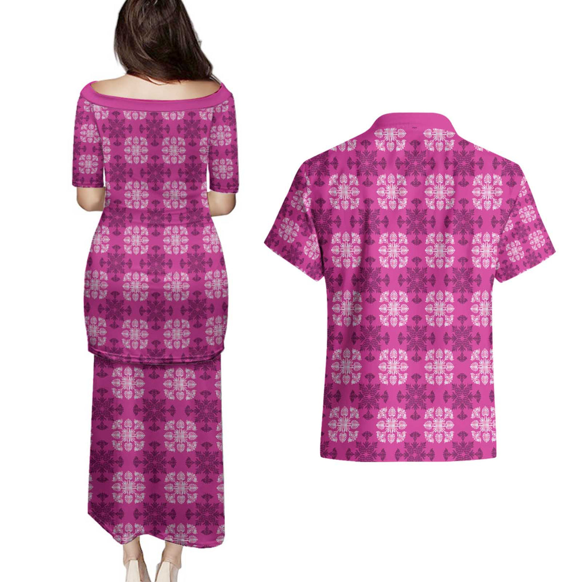 Pink Hawaiian Quilt Couples Matching Puletasi and Hawaiian Shirt Hawaii Pineapple Monstera Palaka Motifs - Polynesian Pride