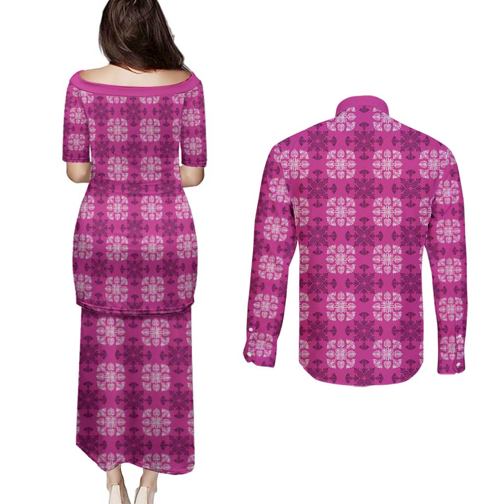 Pink Hawaiian Quilt Couples Matching Puletasi and Long Sleeve Button Shirt Hawaii Pineapple Monstera Palaka Motifs - Polynesian Pride