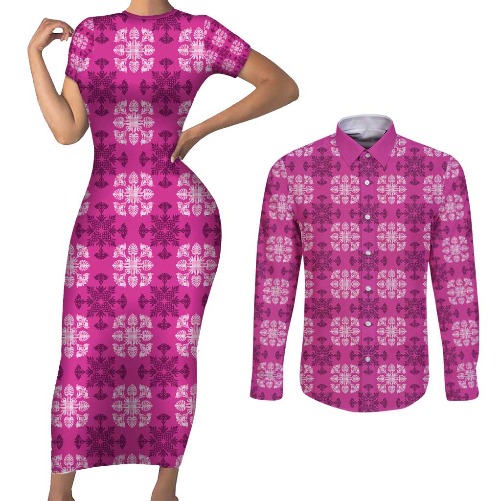 Pink Hawaiian Quilt Couples Matching Short Sleeve Bodycon Dress and Long Sleeve Button Shirt Hawaii Pineapple Monstera Palaka Motifs LT14 Pink - Polynesian Pride