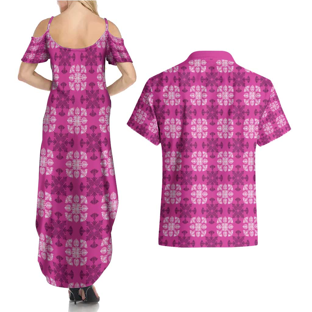 Pink Hawaiian Quilt Couples Matching Summer Maxi Dress and Hawaiian Shirt Hawaii Pineapple Monstera Palaka Motifs LT14 - Polynesian Pride