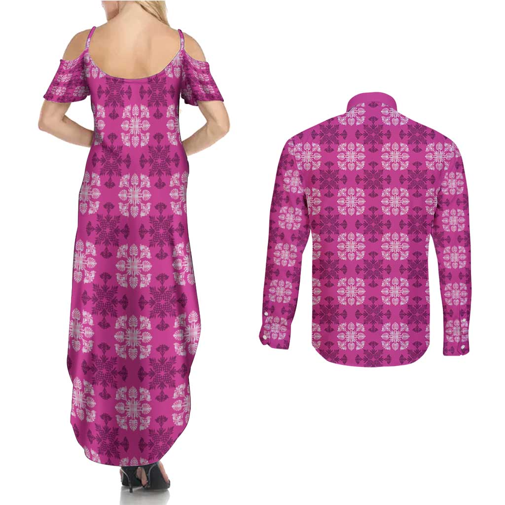 Pink Hawaiian Quilt Couples Matching Summer Maxi Dress and Long Sleeve Button Shirt Hawaii Pineapple Monstera Palaka Motifs - Polynesian Pride