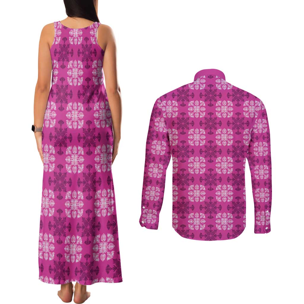 Pink Hawaiian Quilt Couples Matching Tank Maxi Dress and Long Sleeve Button Shirt Hawaii Pineapple Monstera Palaka Motifs - Polynesian Pride